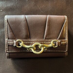 Coach Dark Brown Leather trifold Wallet gold brass buckle
